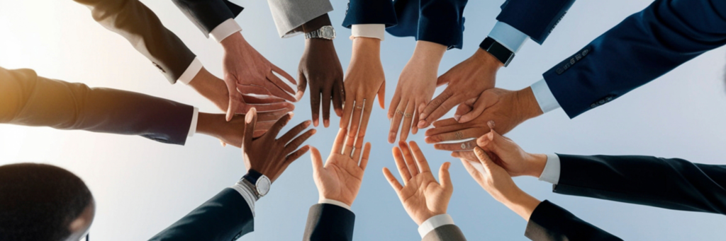 様々な人種のビジネスパーソンが円になって手を重ね合わせているイメージ